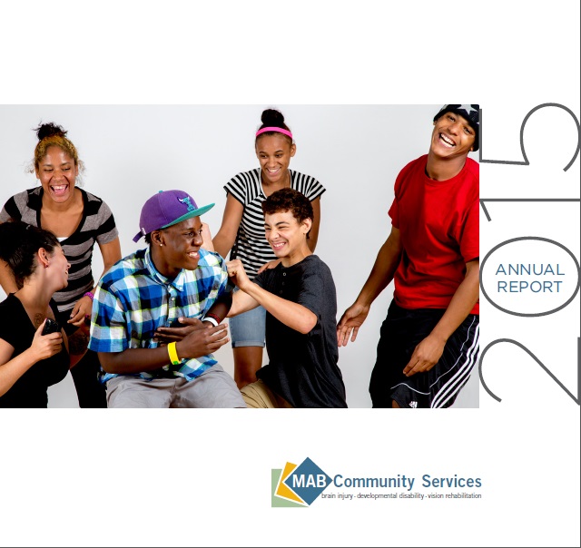 The cover of MAB Community Services 2015 Annual Report, featuring special needs students from Ivy Street School