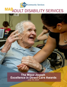 Cover of the Maxo Joseph Awards Ceremony program booklet. Picture of an elderly man with a person holding his hand.