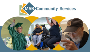 Photos of three people in circles. One is a person in a green graduation gown raising their fist in the air, the other is a person in a wheelchair doing tai chi with a therapist, the other is an older person with vision loss using a magnifier to read a document