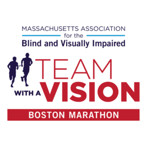 Logos for the Massachusetts Association for the Blind and Visually Impaired and Team With A Vision with the text Boston Marathon